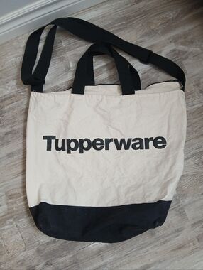 Tupperware Heavy Duty Canvas Tote - Adjustable Crossbody & Handles Cream/Black